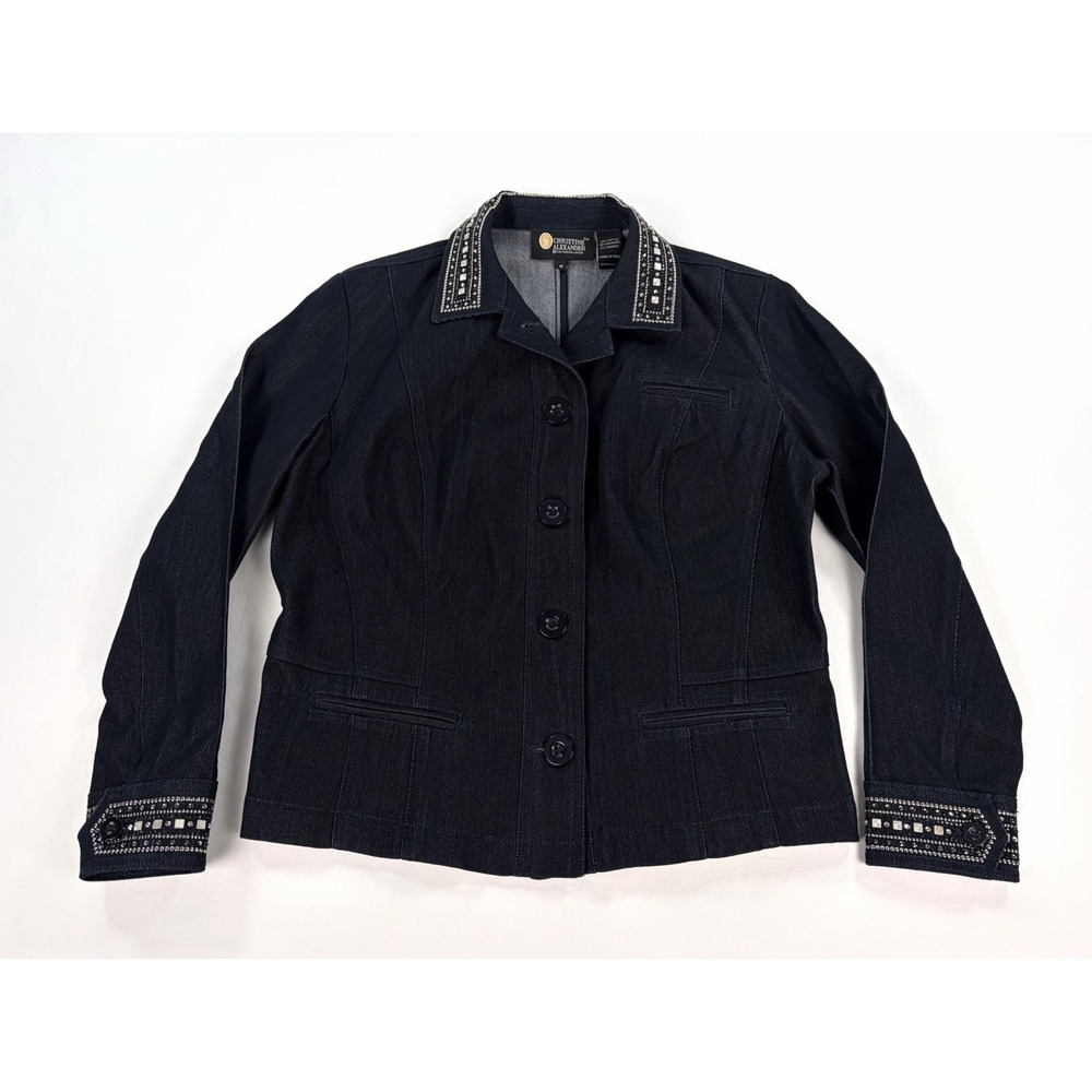 Christine Alexander Dark Denim Swarovski Crystal Studded Jacket Blazer Women's M